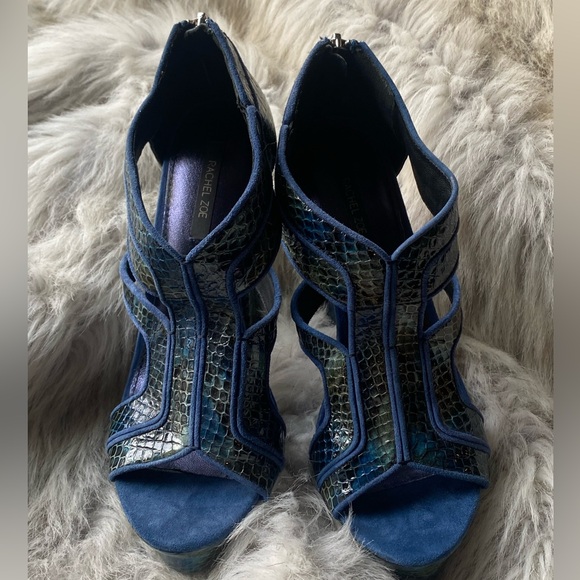 Rachel Zoe teal platform python snakeskin block heel zipper sky high heel 2000s - Picture 10 of 13